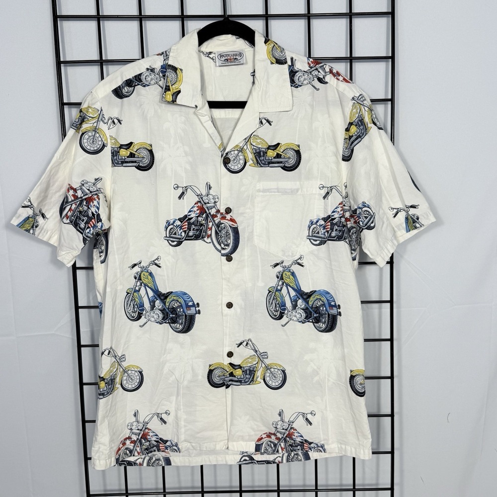 Pacific Legend Vintage Hawaiian Shirt Mens L Large Ivory Allover Motorcycles USA